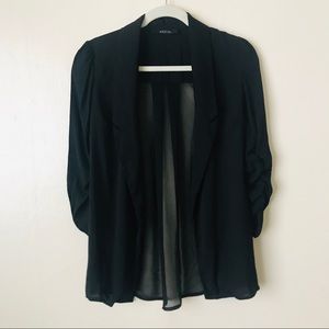 Black blazer with sheer back and ruched sleeves